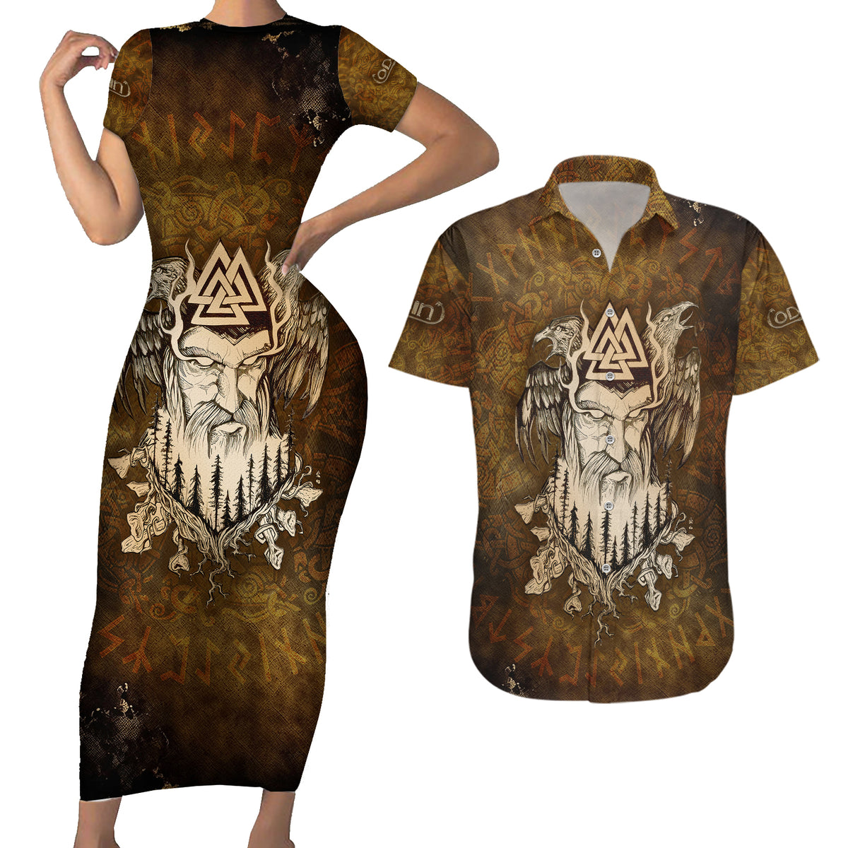 Odin Viking Couples Matching Short Sleeve Bodycon Dress and Hawaiian Shirt Valknut, Ravens, and Enchanted Forest - Wonder Print Shop