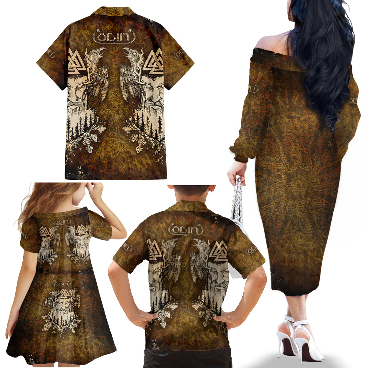 Odin Viking Family Matching Off Shoulder Long Sleeve Dress and Hawaiian Shirt Valknut, Ravens, and Enchanted Forest - Wonder Print Shop