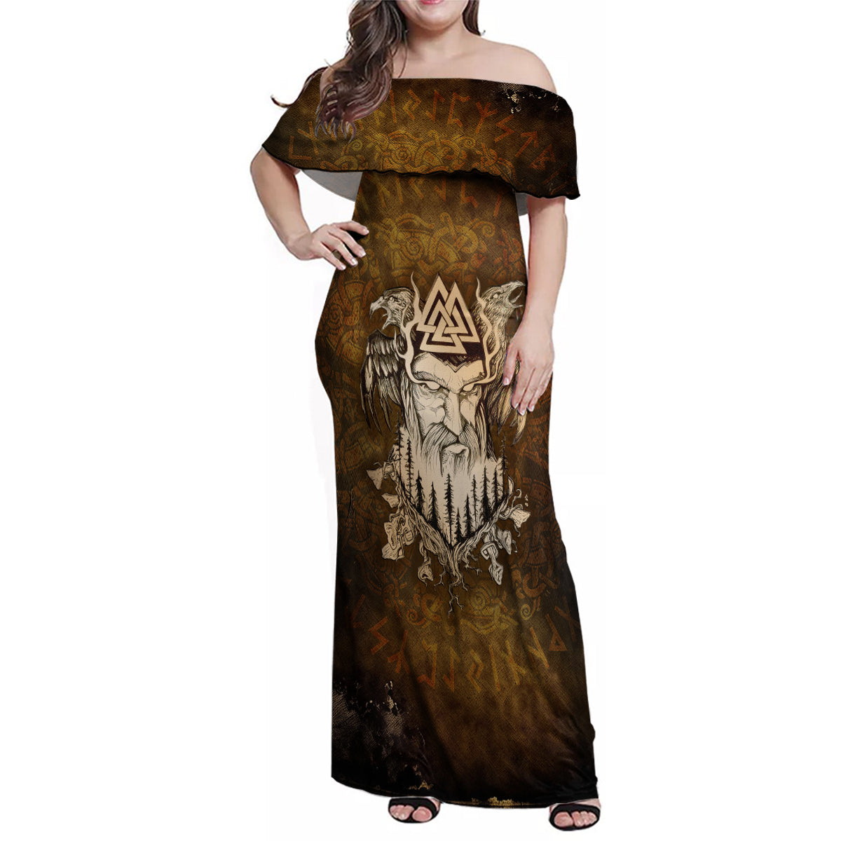 Odin Viking Family Matching Off Shoulder Maxi Dress and Hawaiian Shirt Valknut, Ravens, and Enchanted Forest - Wonder Print Shop