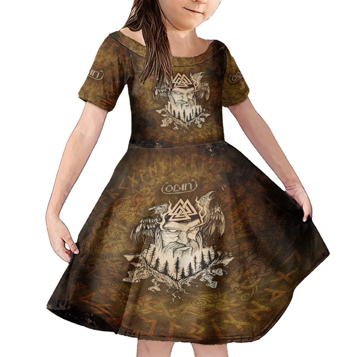 Odin Viking Family Matching Short Sleeve Bodycon Dress and Hawaiian Shirt Valknut, Ravens, and Enchanted Forest - Wonder Print Shop