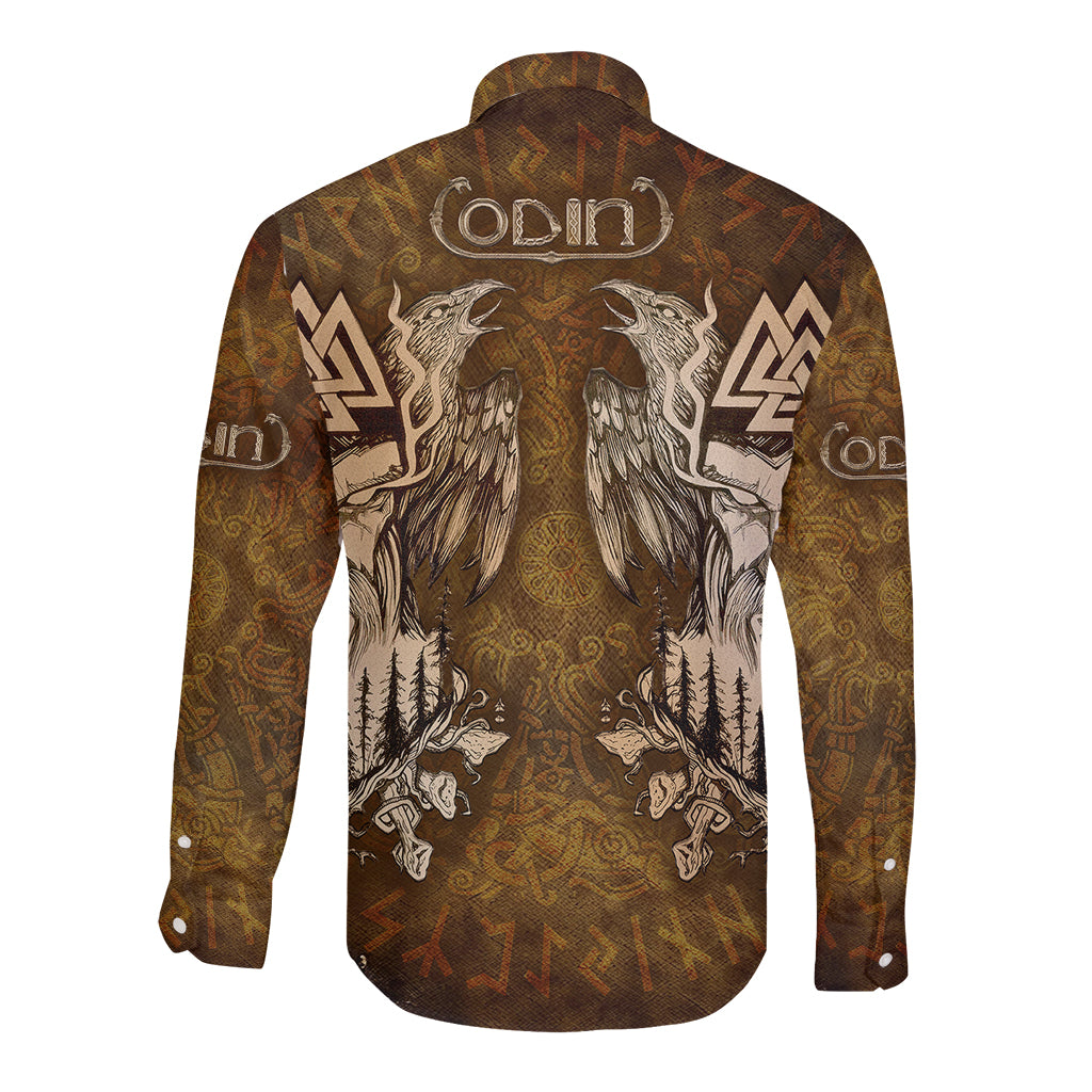 Odin Viking Long Sleeve Button Shirt Valknut, Ravens, and Enchanted Forest - Wonder Print Shop