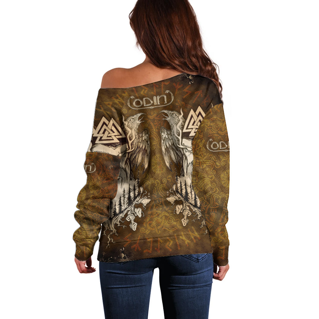 Odin Viking Off Shoulder Sweater Valknut, Ravens, and Enchanted Forest - Wonder Print Shop