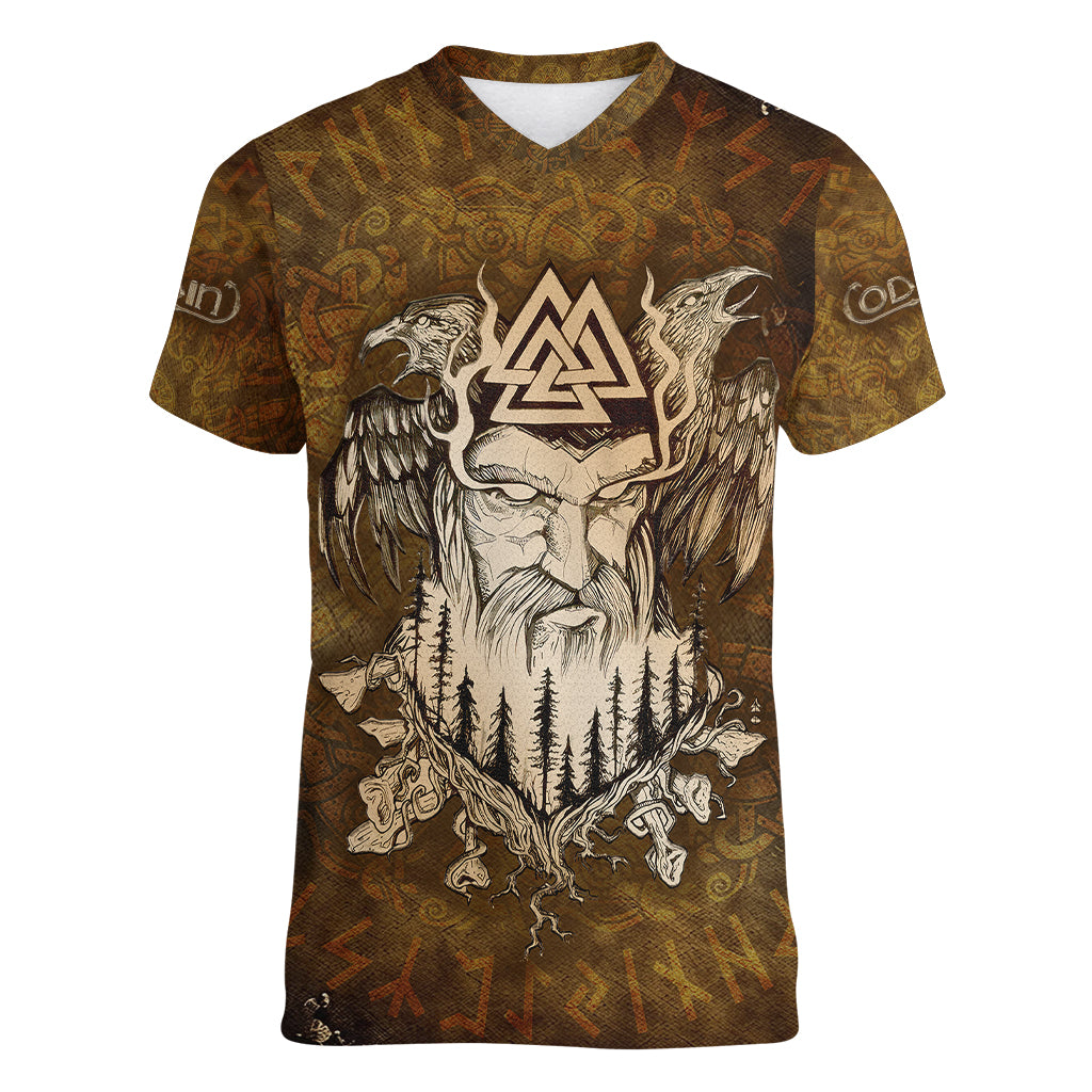Odin Viking Women V Neck T Shirt Valknut, Ravens, and Enchanted Forest - Wonder Print Shop