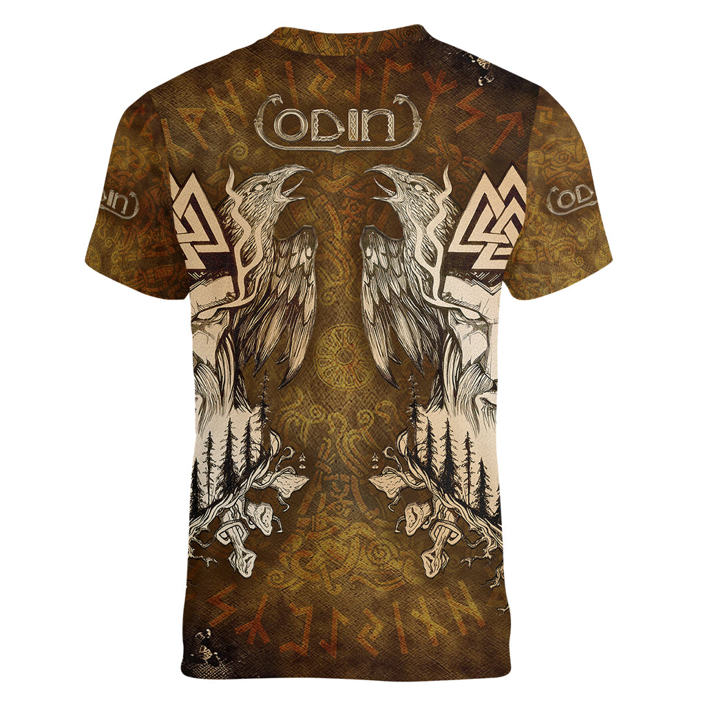 Odin Viking Women V Neck T Shirt Valknut, Ravens, and Enchanted Forest - Wonder Print Shop