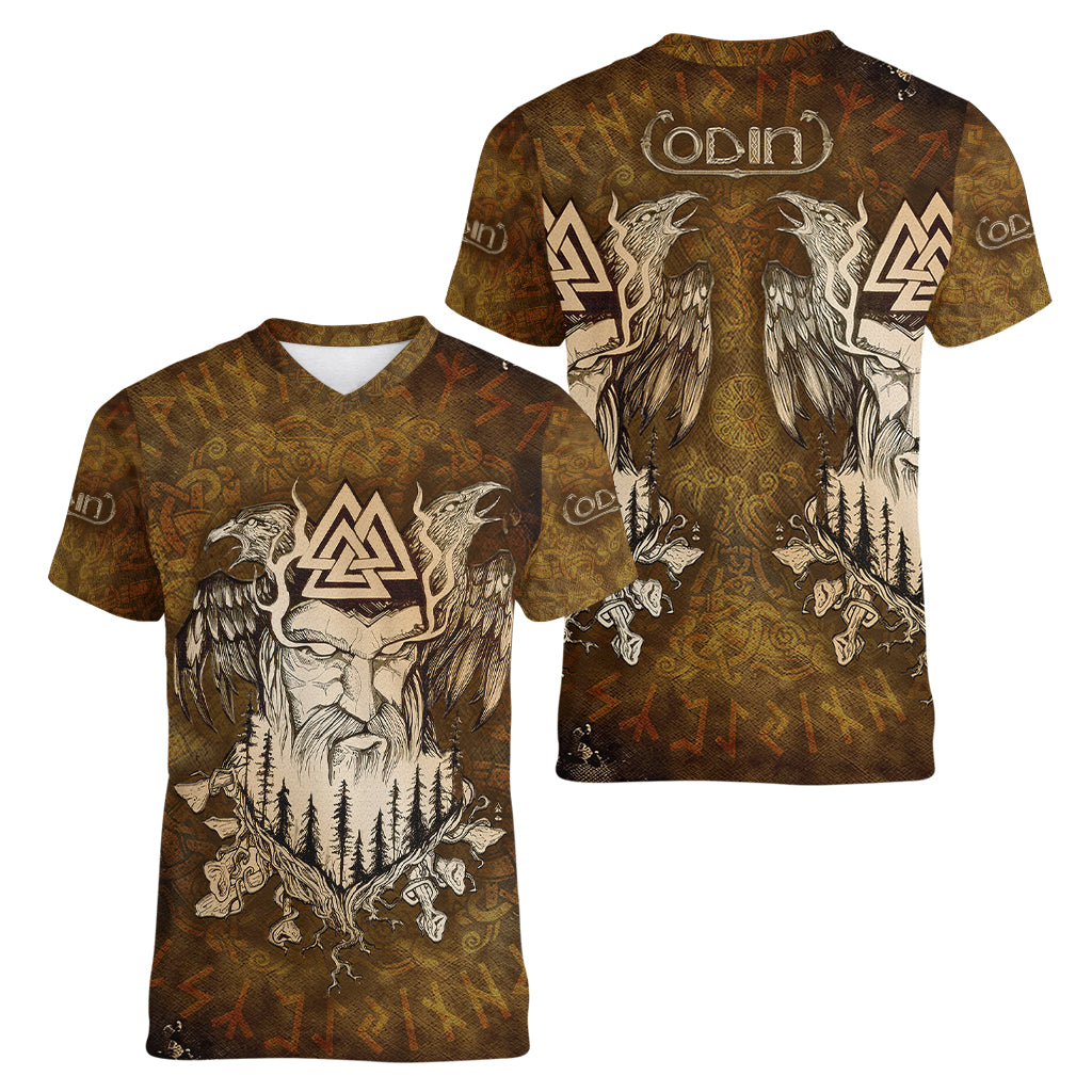 Odin Viking Women V Neck T Shirt Valknut, Ravens, and Enchanted Forest - Wonder Print Shop