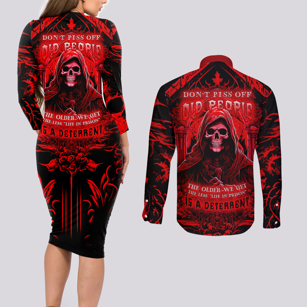 The Older We Get The Less Life In Prison Is A Deterrent Couples Matching Long Sleeve Bodycon Dress and Long Sleeve Button Shirts - Wonder Print Shop