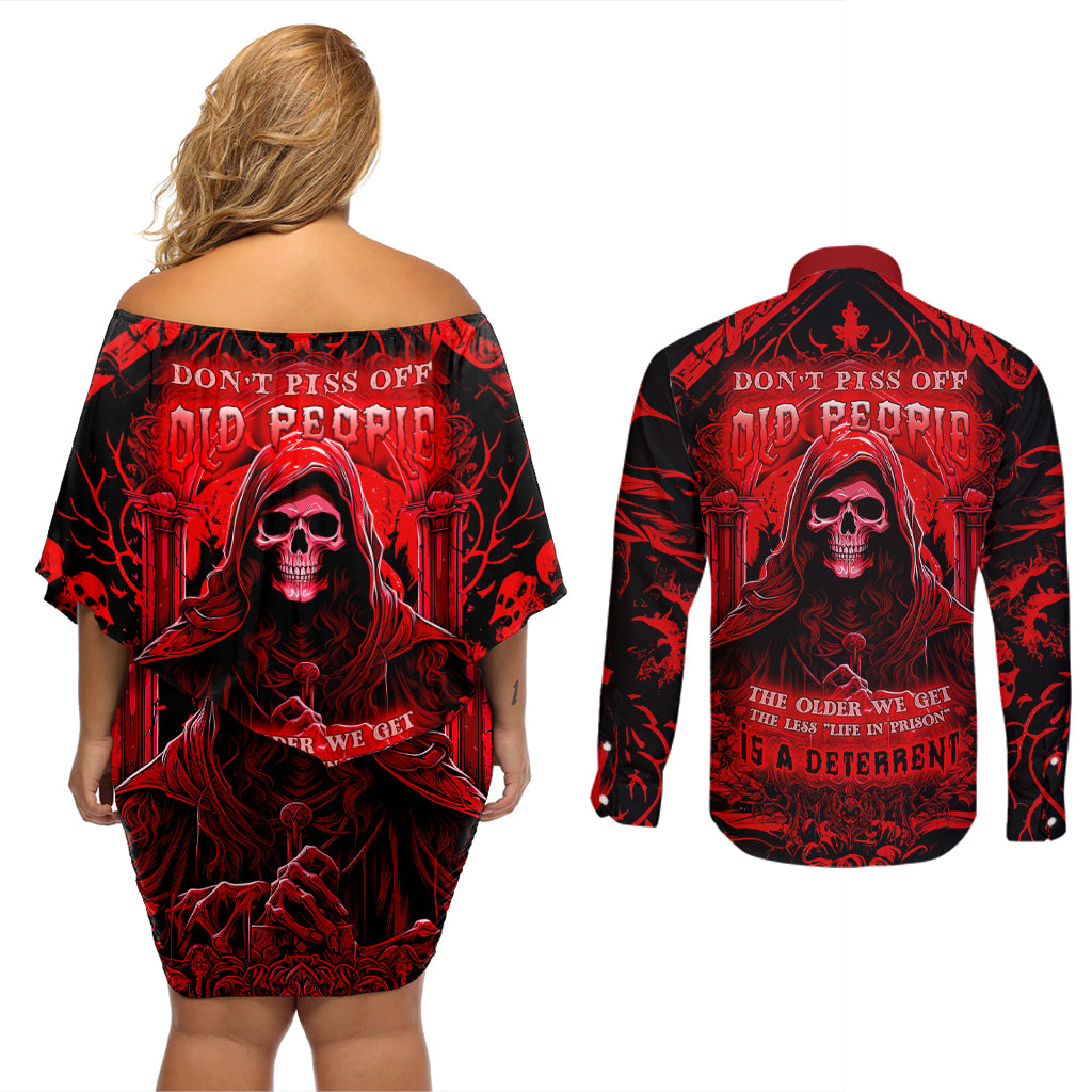 The Older We Get The Less Life In Prison Is A Deterrent Couples Matching Off Shoulder Short Dress and Long Sleeve Button Shirts - Wonder Print Shop