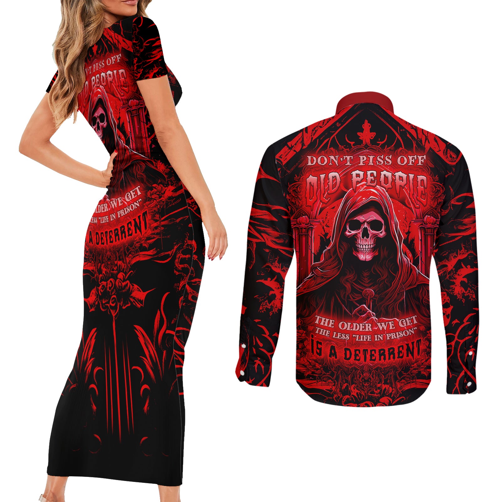 The Older We Get The Less Life In Prison Is A Deterrent Couples Matching Short Sleeve Bodycon Dress and Long Sleeve Button Shirts - Wonder Print Shop