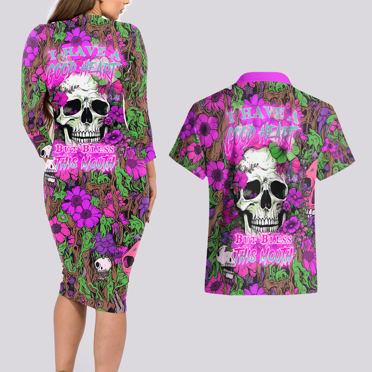 I Have A Good Heart But Bless This Mouth Couples Matching Long Sleeve Bodycon Dress and Hawaiian Shirt - Wonder Print Shop