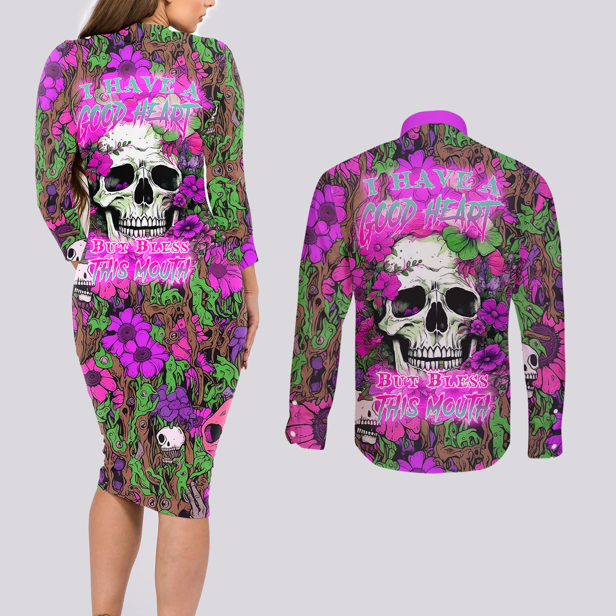 I Have A Good Heart But Bless This Mouth Couples Matching Long Sleeve Bodycon Dress and Long Sleeve Button Shirts - Wonder Print Shop