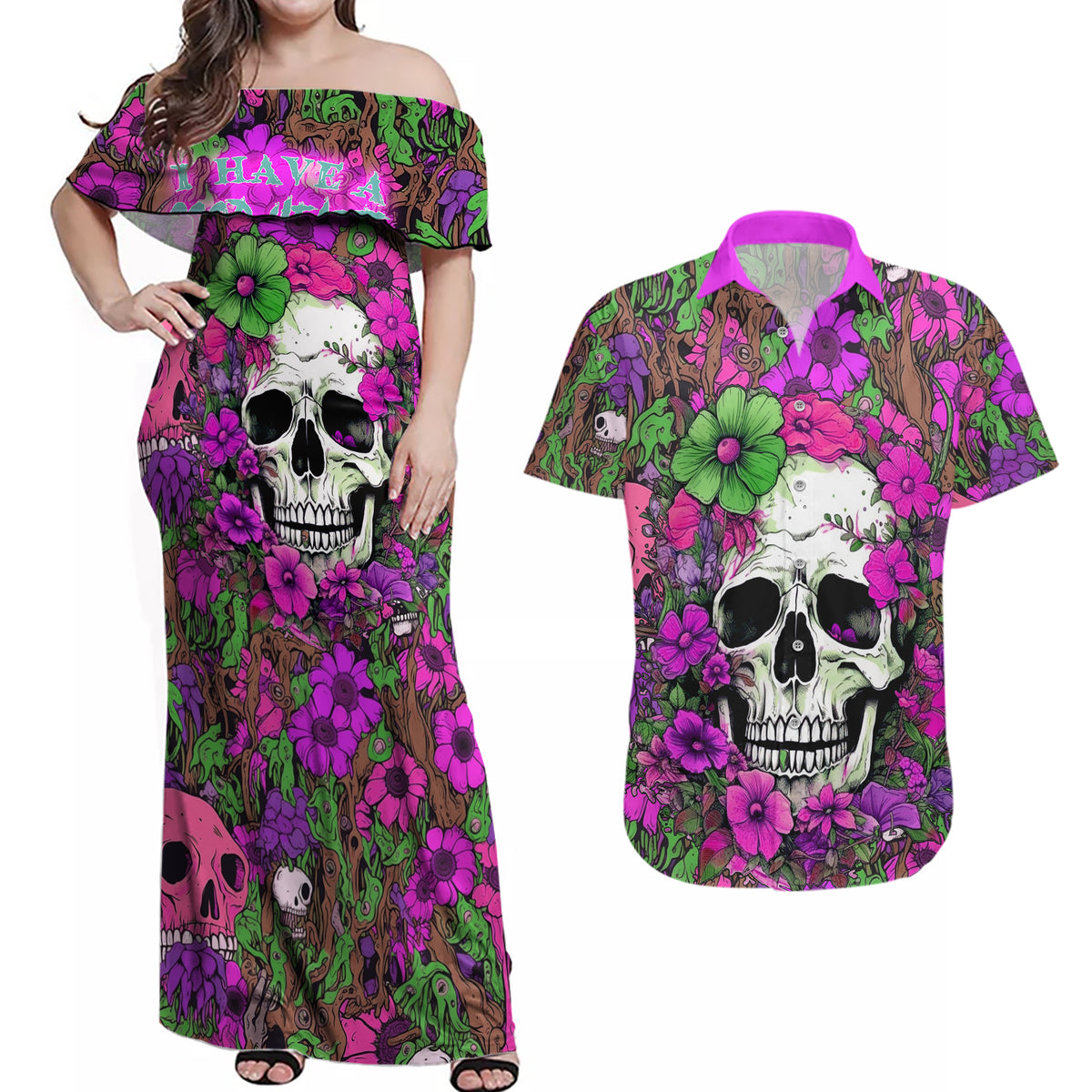 I Have A Good Heart But Bless This Mouth Couples Matching Off Shoulder Maxi Dress and Hawaiian Shirt - Wonder Print Shop