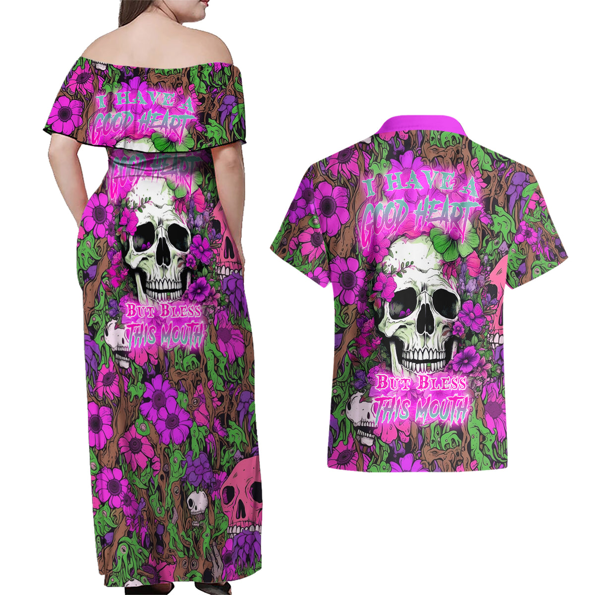 I Have A Good Heart But Bless This Mouth Couples Matching Off Shoulder Maxi Dress and Hawaiian Shirt - Wonder Print Shop