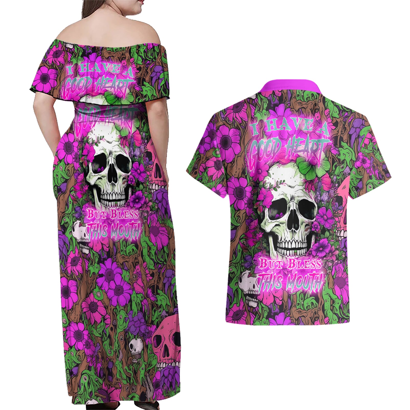 I Have A Good Heart But Bless This Mouth Couples Matching Off Shoulder Maxi Dress and Hawaiian Shirt - Wonder Print Shop