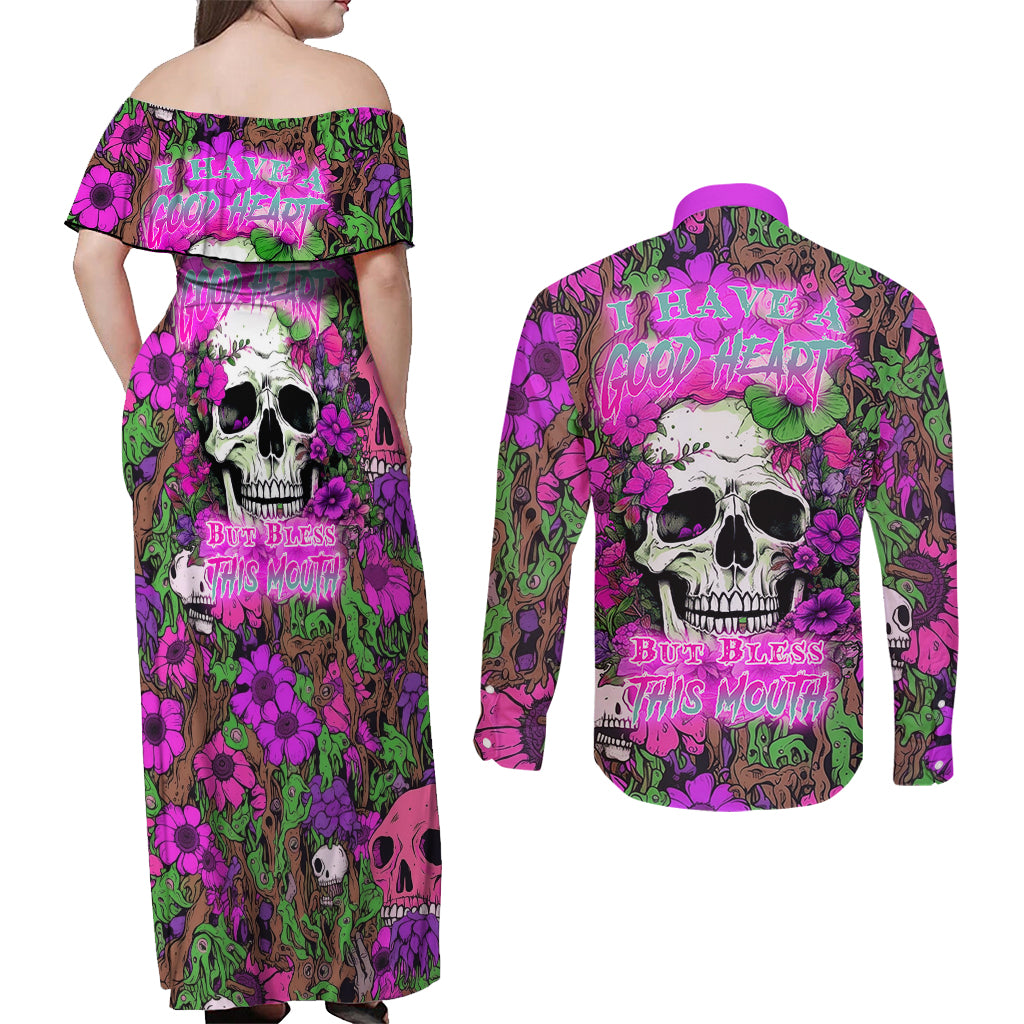 I Have A Good Heart But Bless This Mouth Couples Matching Off Shoulder Maxi Dress and Long Sleeve Button Shirts - Wonder Print Shop