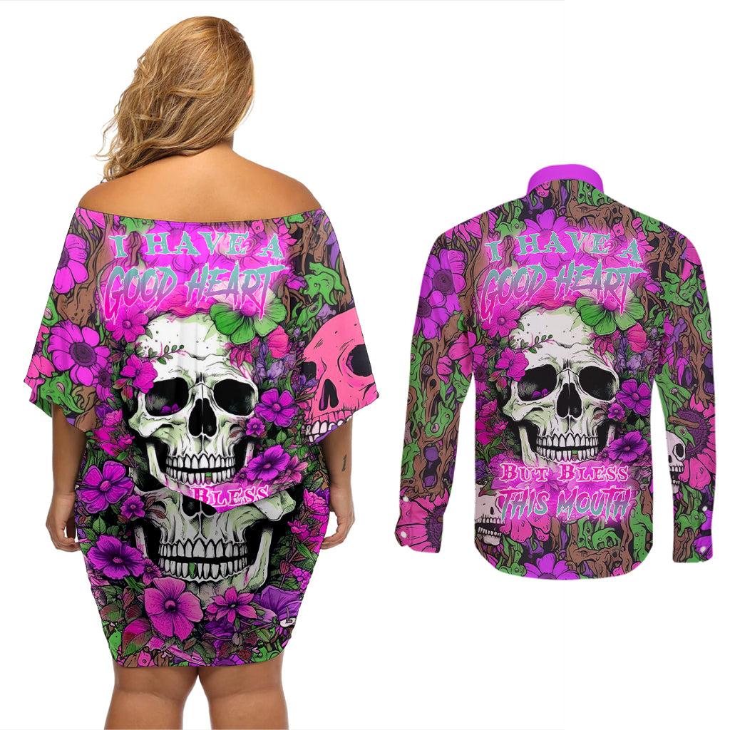 I Have A Good Heart But Bless This Mouth Couples Matching Off Shoulder Short Dress and Long Sleeve Button Shirts - Wonder Print Shop
