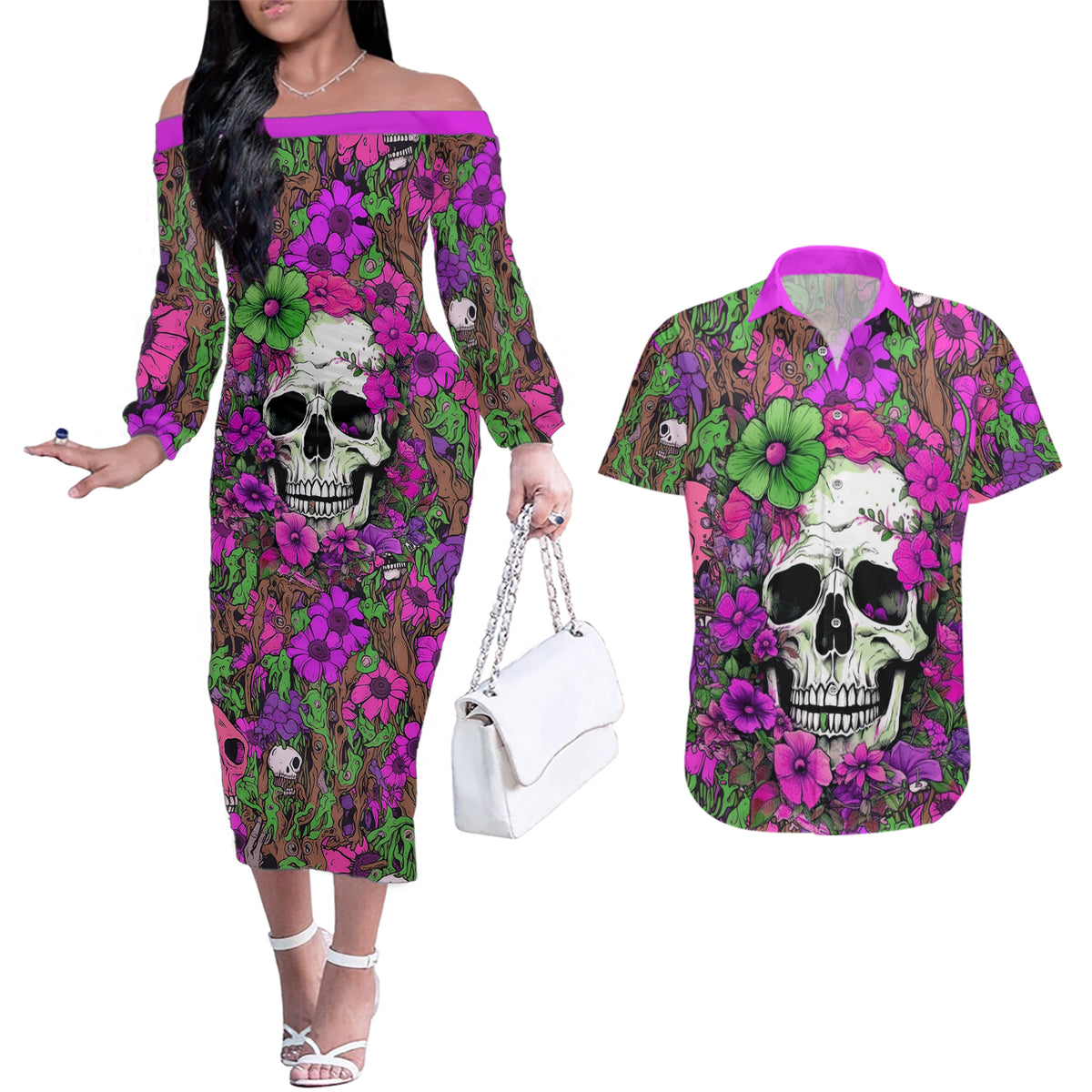 I Have A Good Heart But Bless This Mouth Couples Matching Off The Shoulder Long Sleeve Dress and Hawaiian Shirt - Wonder Print Shop