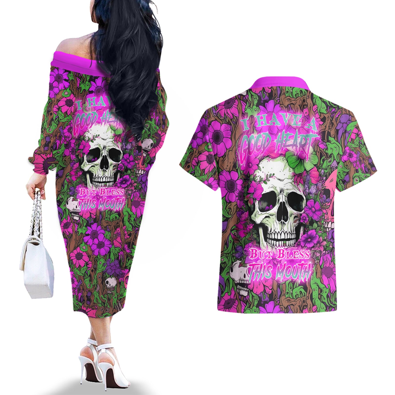 I Have A Good Heart But Bless This Mouth Couples Matching Off The Shoulder Long Sleeve Dress and Hawaiian Shirt - Wonder Print Shop