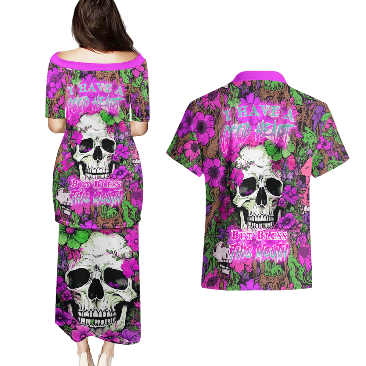 I Have A Good Heart But Bless This Mouth Couples Matching Puletasi Dress and Hawaiian Shirt - Wonder Print Shop