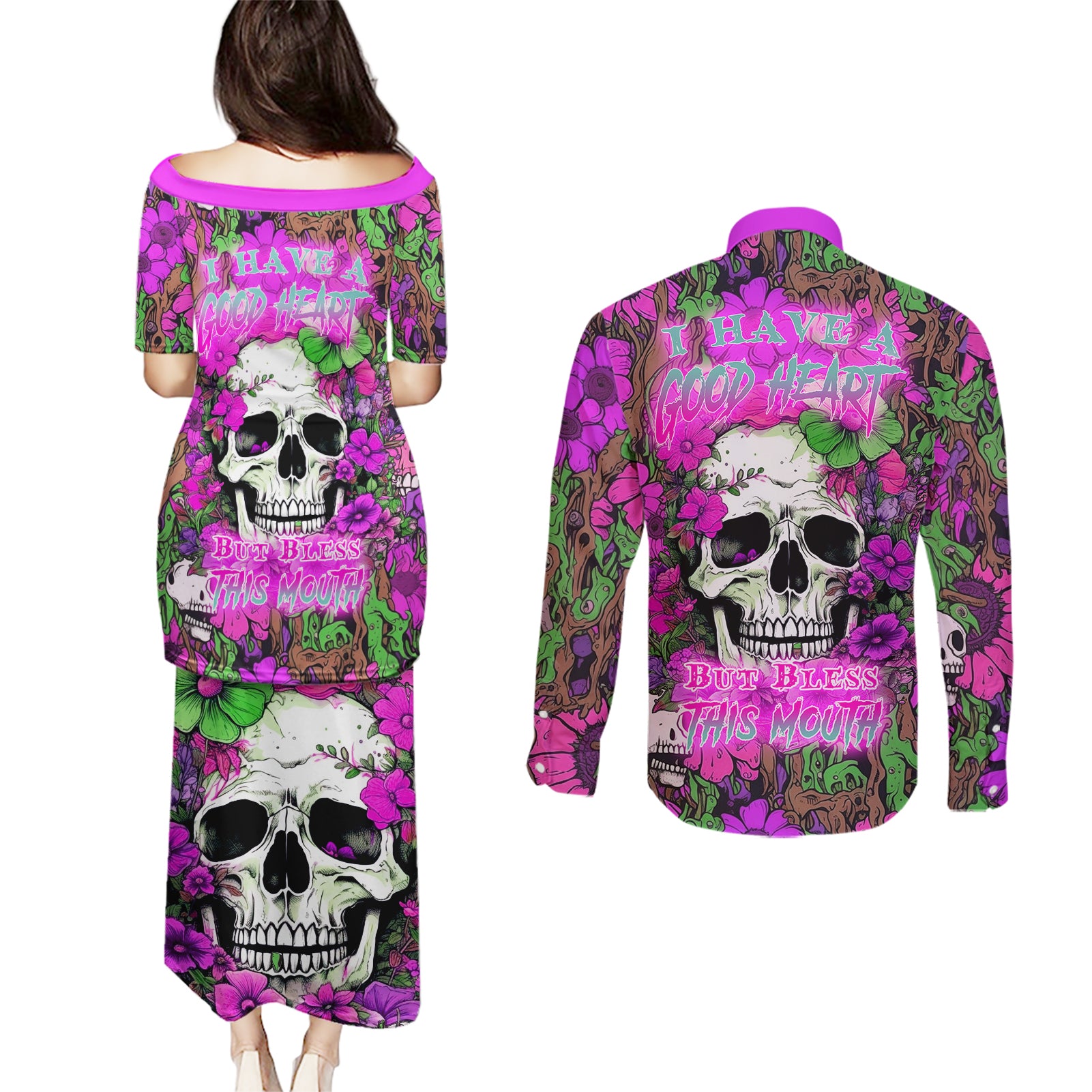 I Have A Good Heart But Bless This Mouth Couples Matching Puletasi Dress and Long Sleeve Button Shirts - Wonder Print Shop