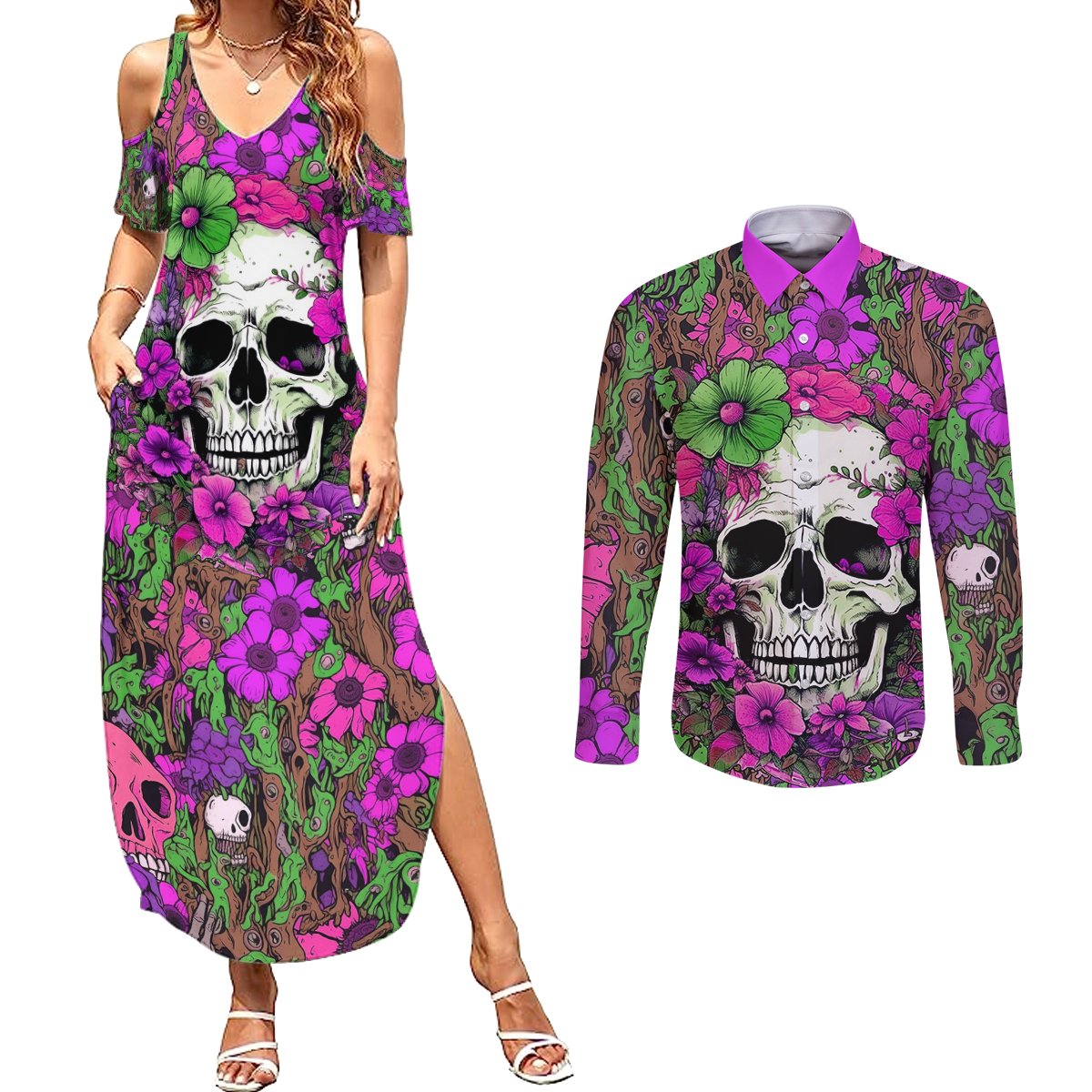 I Have A Good Heart But Bless This Mouth Couples Matching Summer Maxi Dress and Long Sleeve Button Shirts - Wonder Print Shop