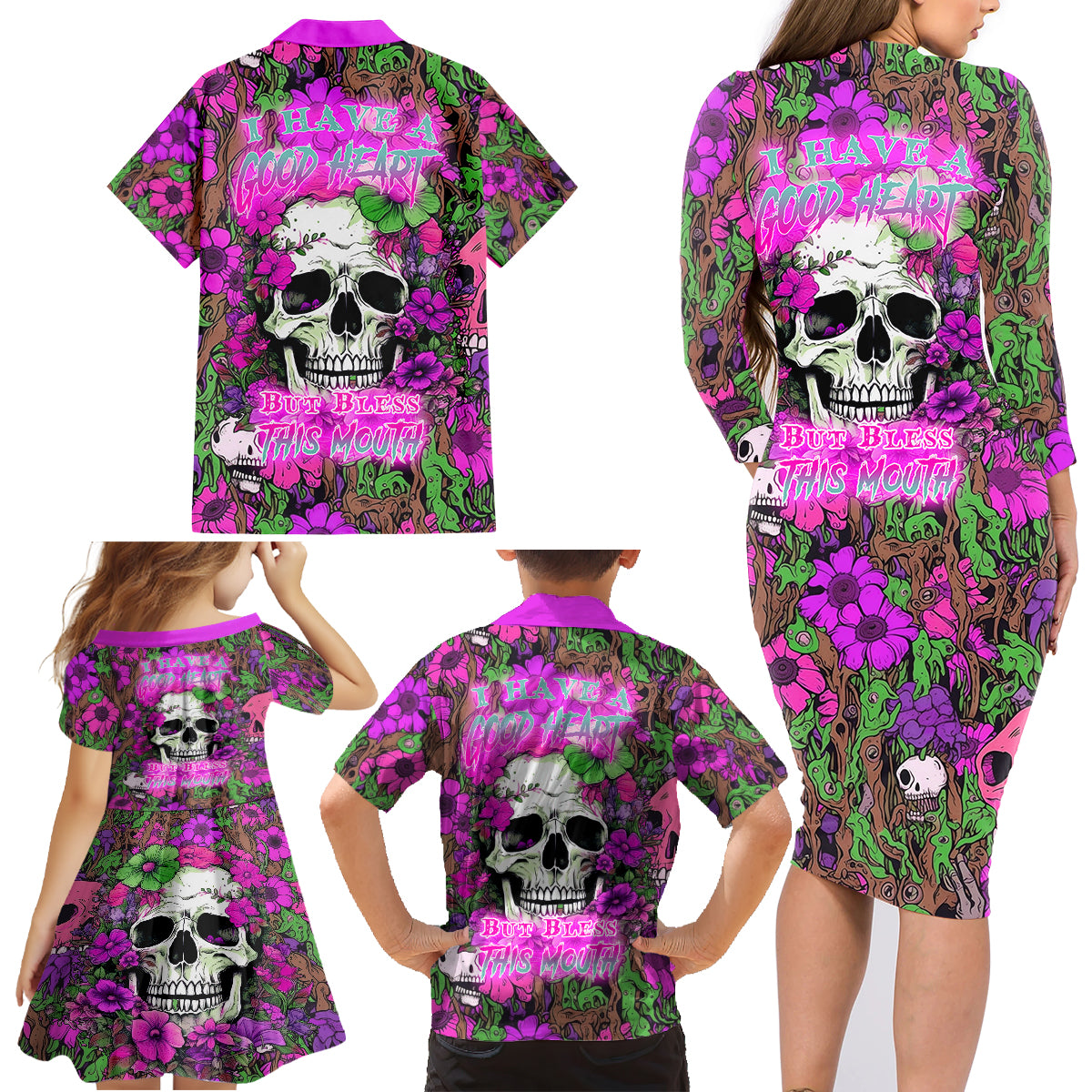 I Have A Good Heart But Bless This Mouth Family Matching Long Sleeve Bodycon Dress and Hawaiian Shirt - Wonder Print Shop