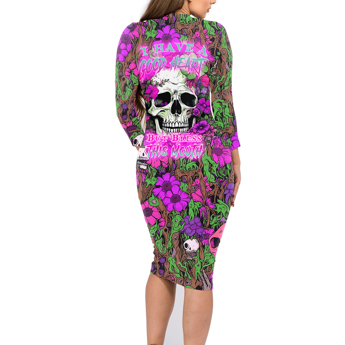 I Have A Good Heart But Bless This Mouth Family Matching Long Sleeve Bodycon Dress and Hawaiian Shirt - Wonder Print Shop