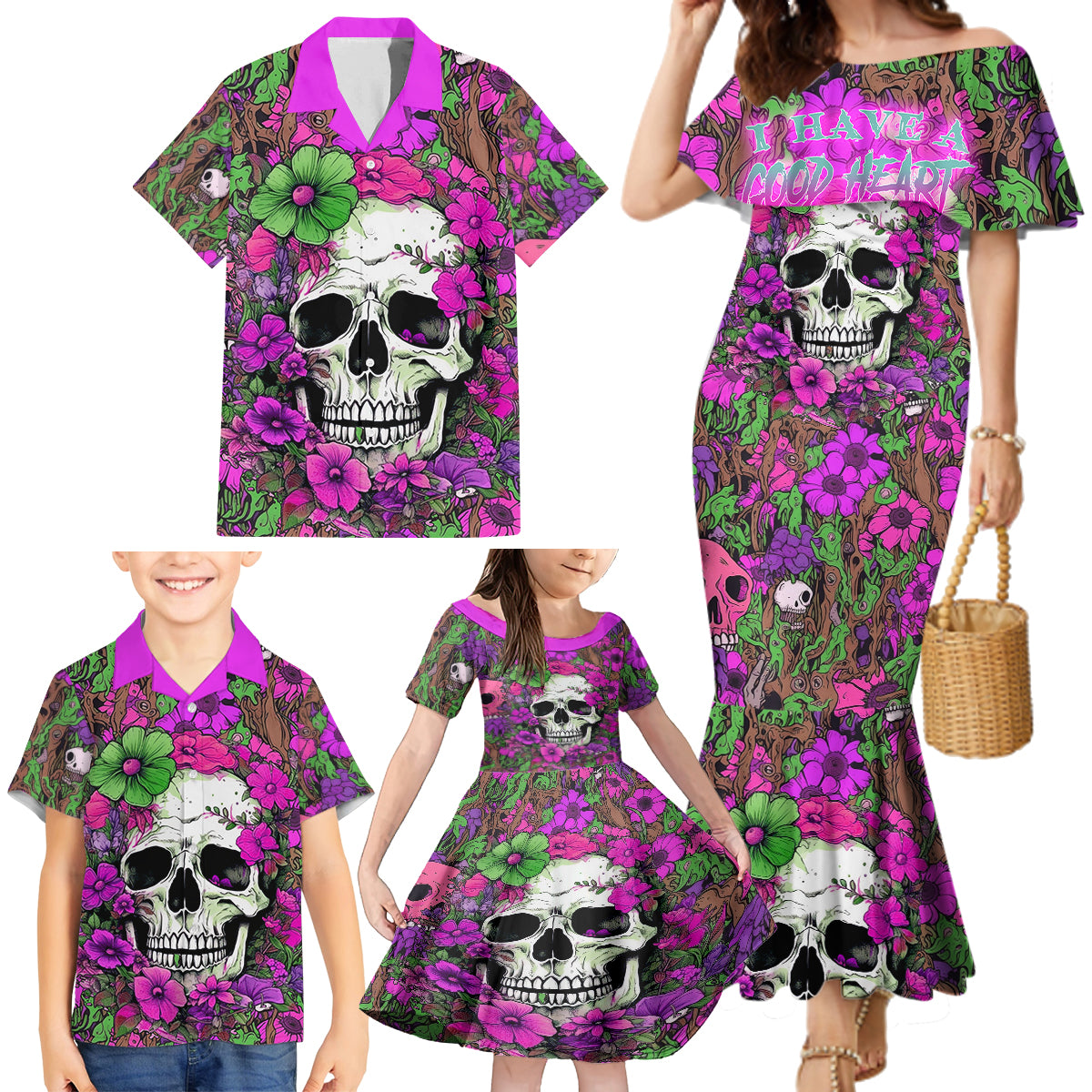 I Have A Good Heart But Bless This Mouth Family Matching Mermaid Dress and Hawaiian Shirt - Wonder Print Shop