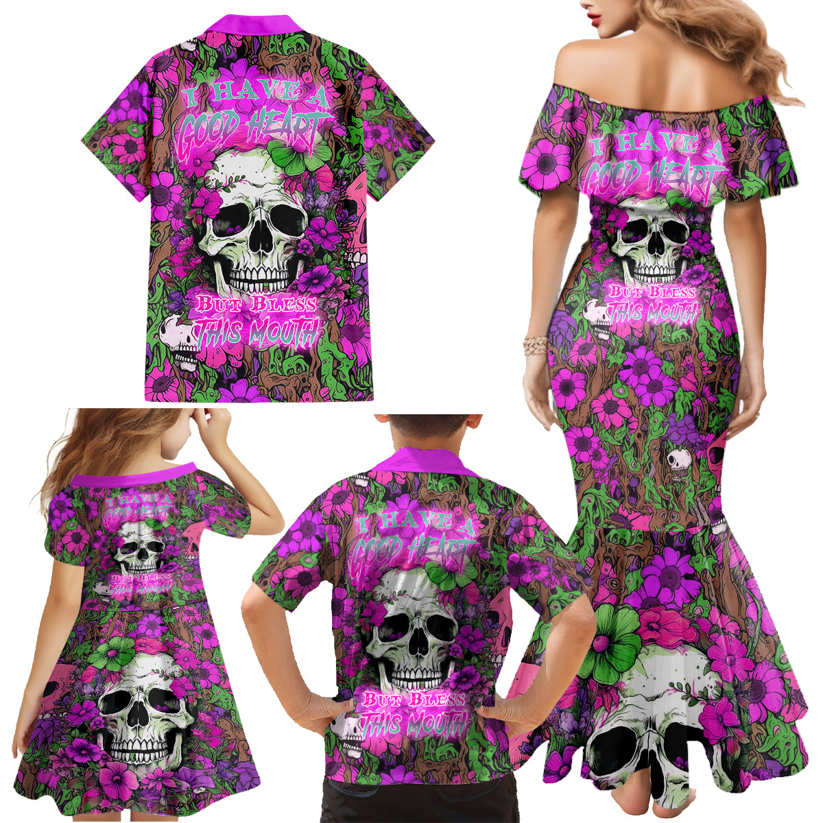 I Have A Good Heart But Bless This Mouth Family Matching Mermaid Dress and Hawaiian Shirt - Wonder Print Shop