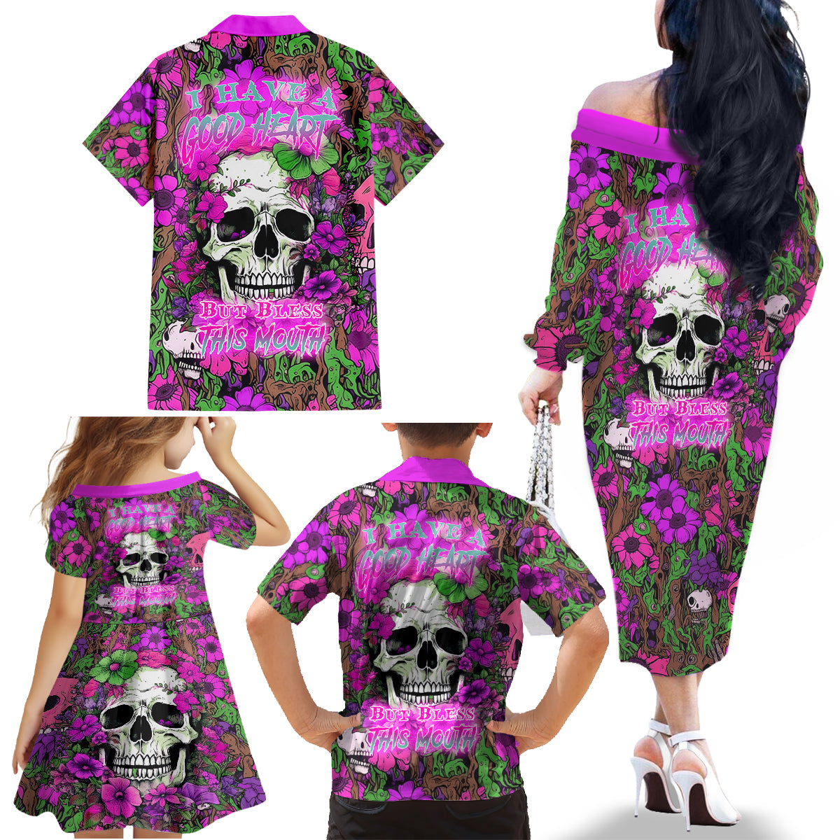 I Have A Good Heart But Bless This Mouth Family Matching Off Shoulder Long Sleeve Dress and Hawaiian Shirt - Wonder Print Shop