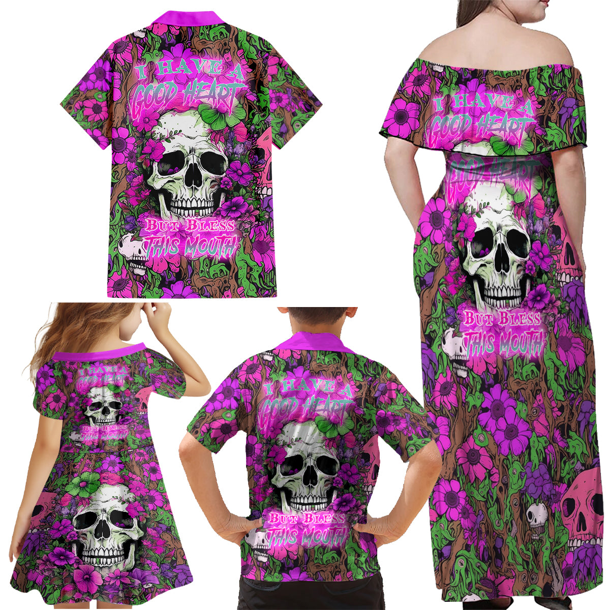 I Have A Good Heart But Bless This Mouth Family Matching Off Shoulder Maxi Dress and Hawaiian Shirt - Wonder Print Shop