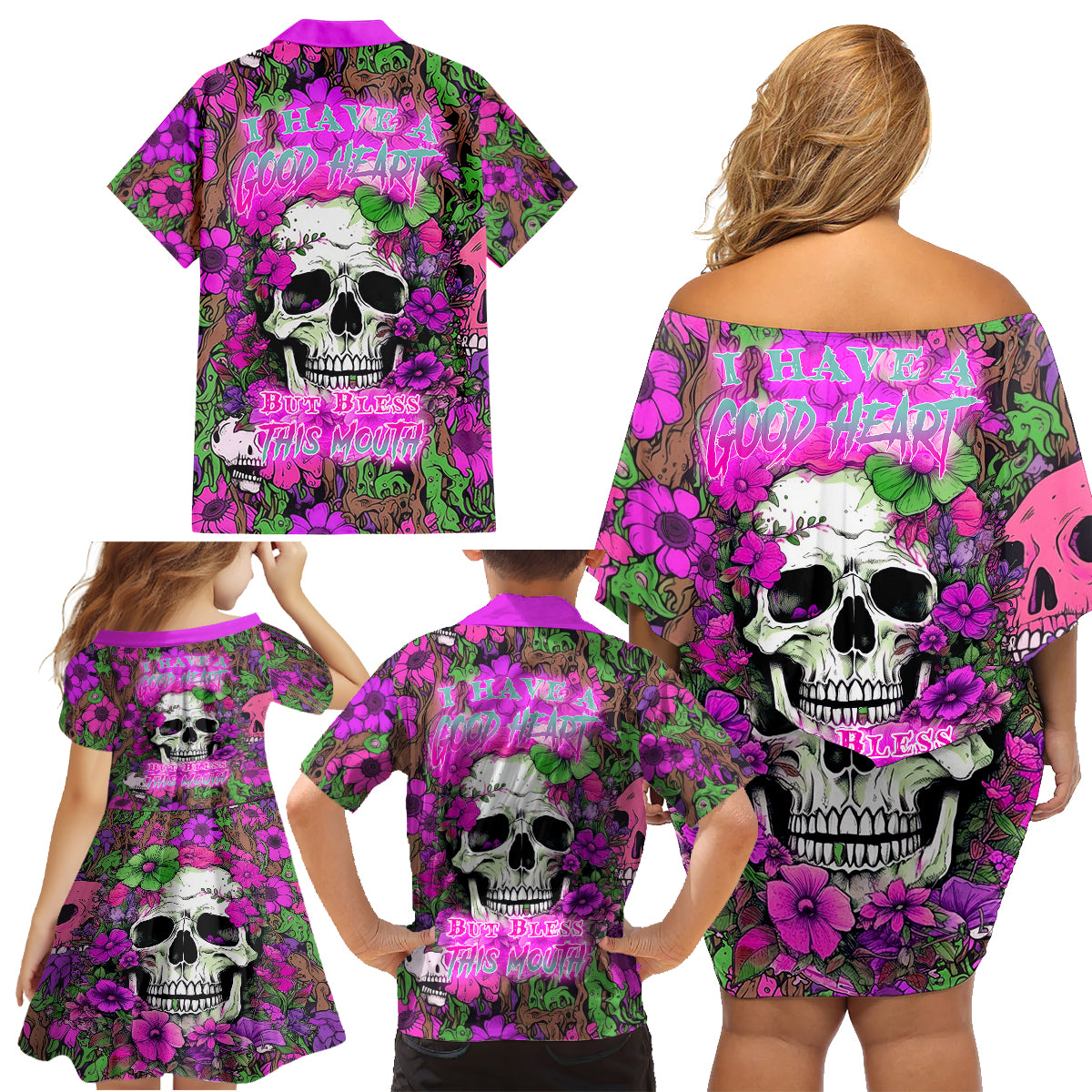 I Have A Good Heart But Bless This Mouth Family Matching Off Shoulder Short Dress and Hawaiian Shirt - Wonder Print Shop