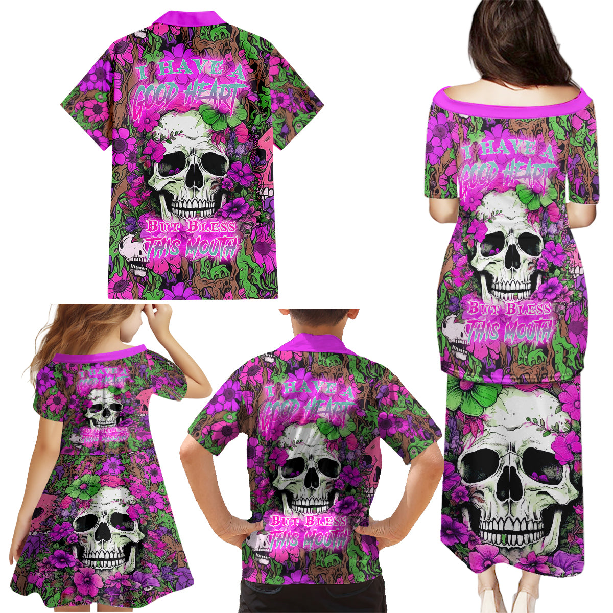 I Have A Good Heart But Bless This Mouth Family Matching Puletasi Dress and Hawaiian Shirt - Wonder Print Shop