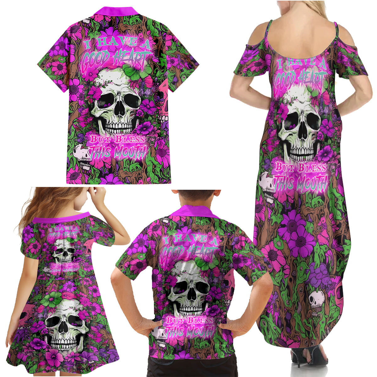 I Have A Good Heart But Bless This Mouth Family Matching Summer Maxi Dress and Hawaiian Shirt - Wonder Print Shop