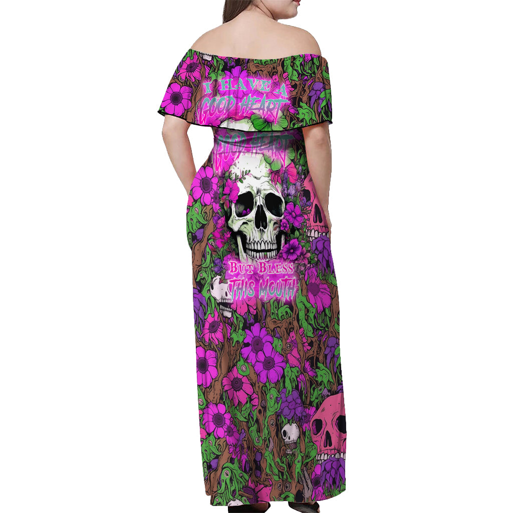 I Have A Good Heart But Bless This Mouth Off Shoulder Maxi Dress - Wonder Print Shop