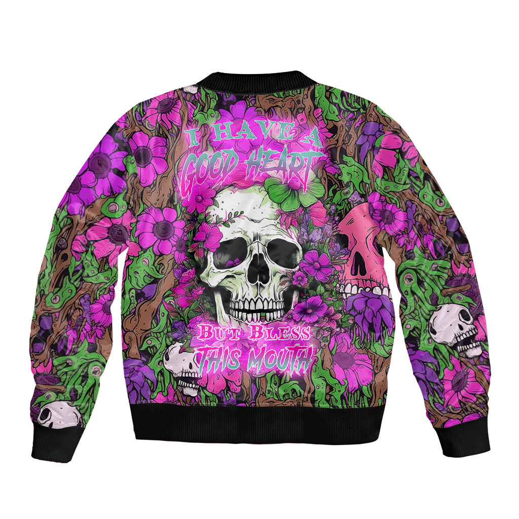 I Have A Good Heart But Bless This Mouth Sleeve Zip Bomber Jacket - Wonder Print Shop