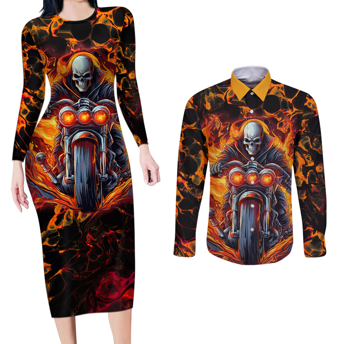 Be Come The Monster And Show Your True Smile Couples Matching Long Sleeve Bodycon Dress and Long Sleeve Button Shirts - Wonder Print Shop