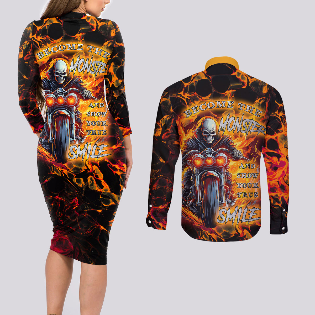 Be Come The Monster And Show Your True Smile Couples Matching Long Sleeve Bodycon Dress and Long Sleeve Button Shirts - Wonder Print Shop