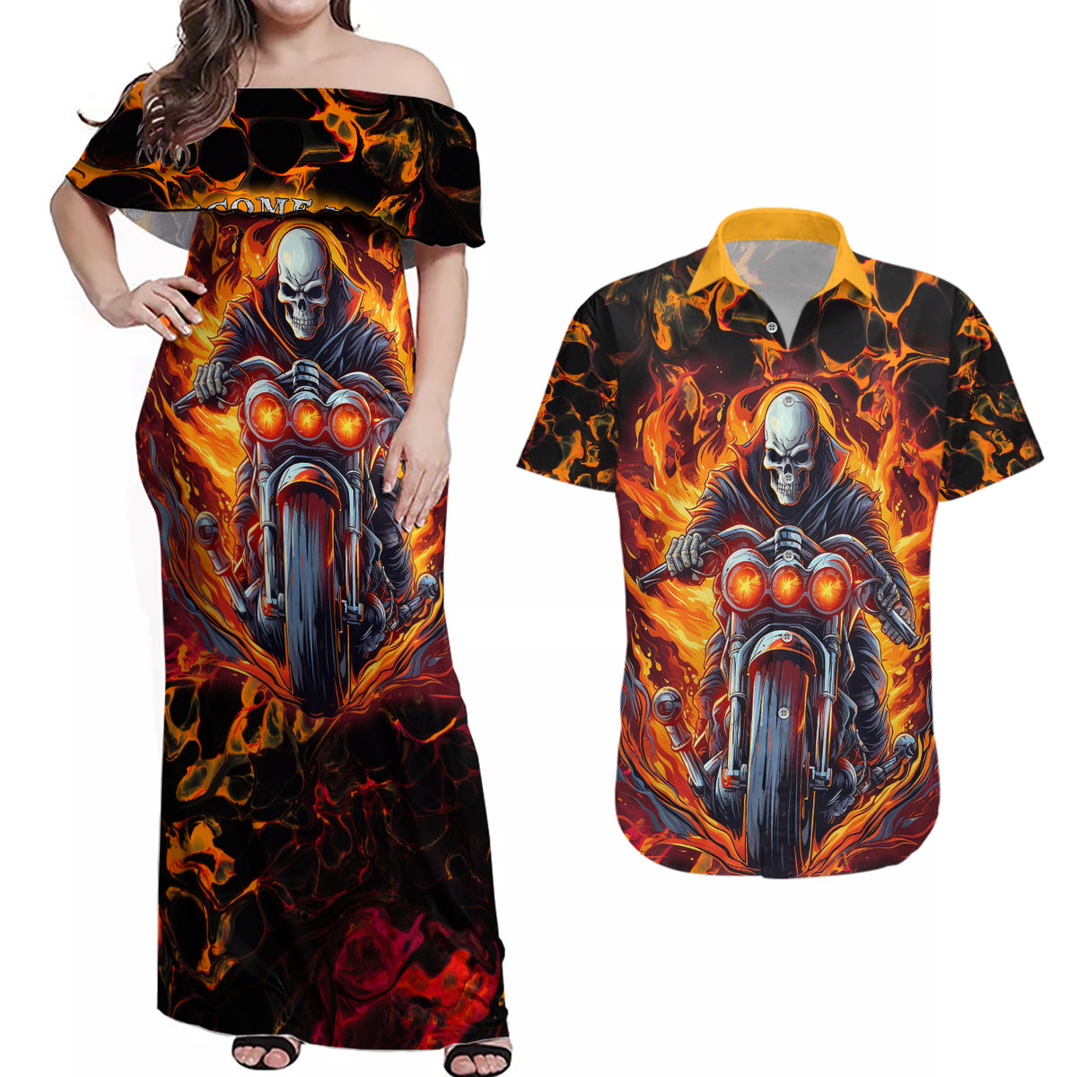 Be Come The Monster And Show Your True Smile Couples Matching Off Shoulder Maxi Dress and Hawaiian Shirt - Wonder Print Shop