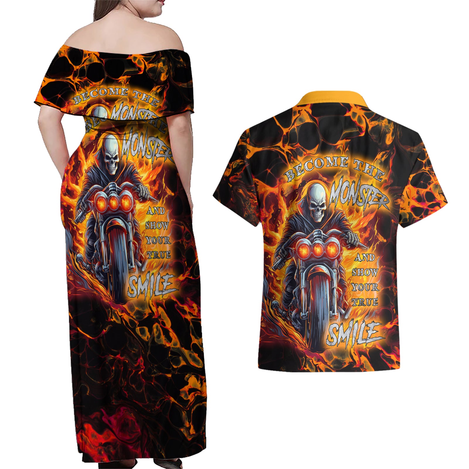 Be Come The Monster And Show Your True Smile Couples Matching Off Shoulder Maxi Dress and Hawaiian Shirt - Wonder Print Shop