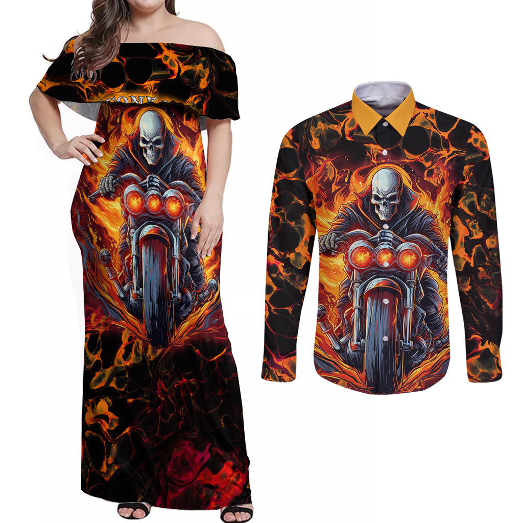 Be Come The Monster And Show Your True Smile Couples Matching Off Shoulder Maxi Dress and Long Sleeve Button Shirts - Wonder Print Shop