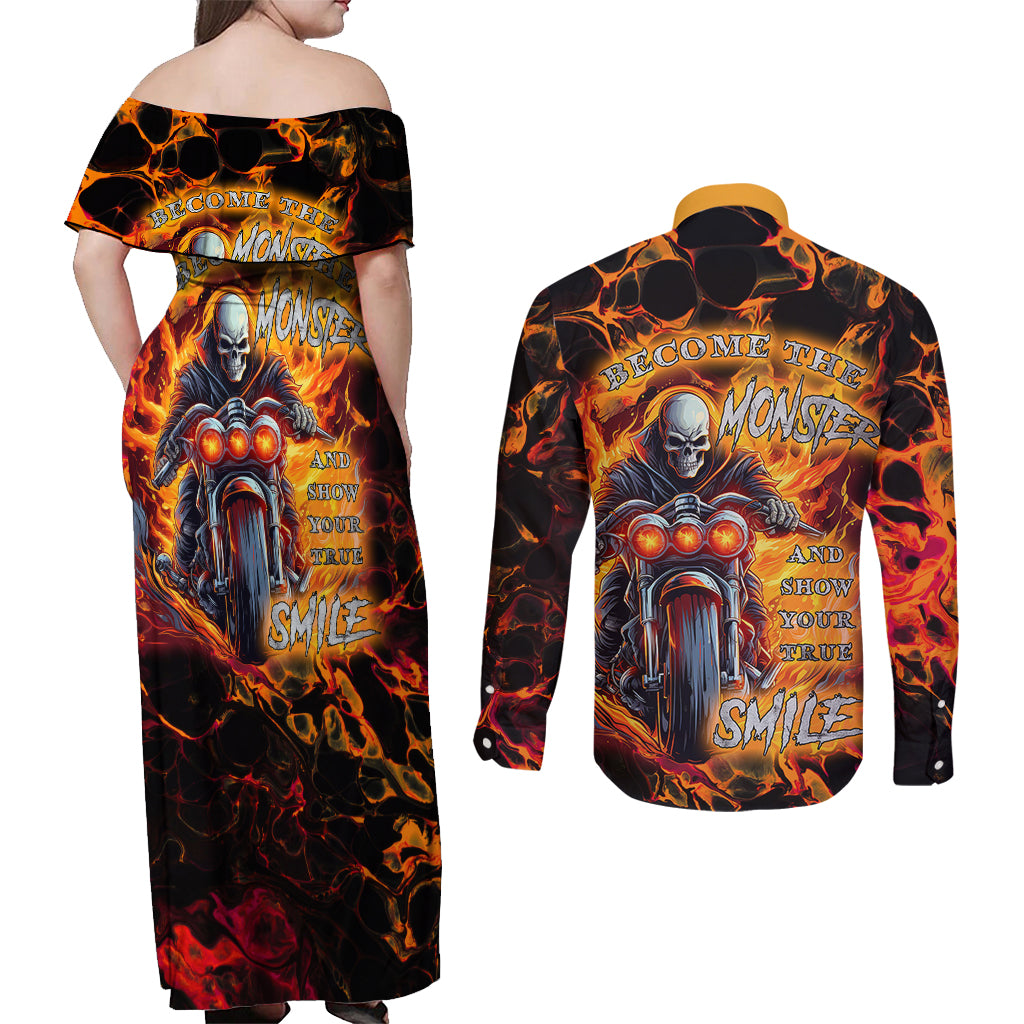 Be Come The Monster And Show Your True Smile Couples Matching Off Shoulder Maxi Dress and Long Sleeve Button Shirts - Wonder Print Shop