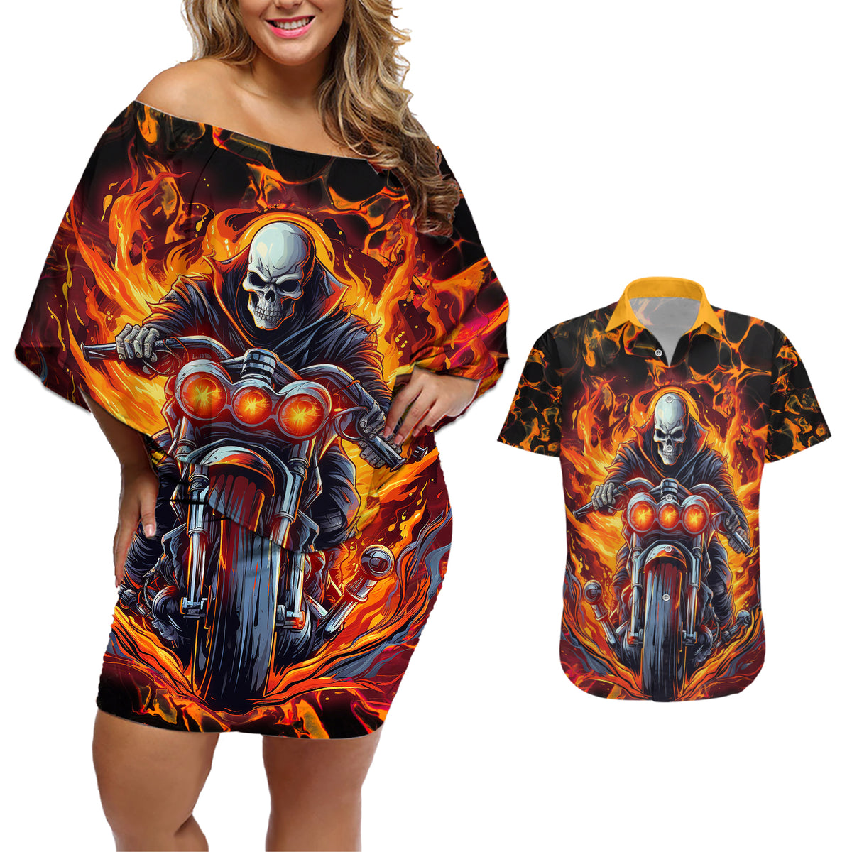 Be Come The Monster And Show Your True Smile Couples Matching Off Shoulder Short Dress and Hawaiian Shirt - Wonder Print Shop