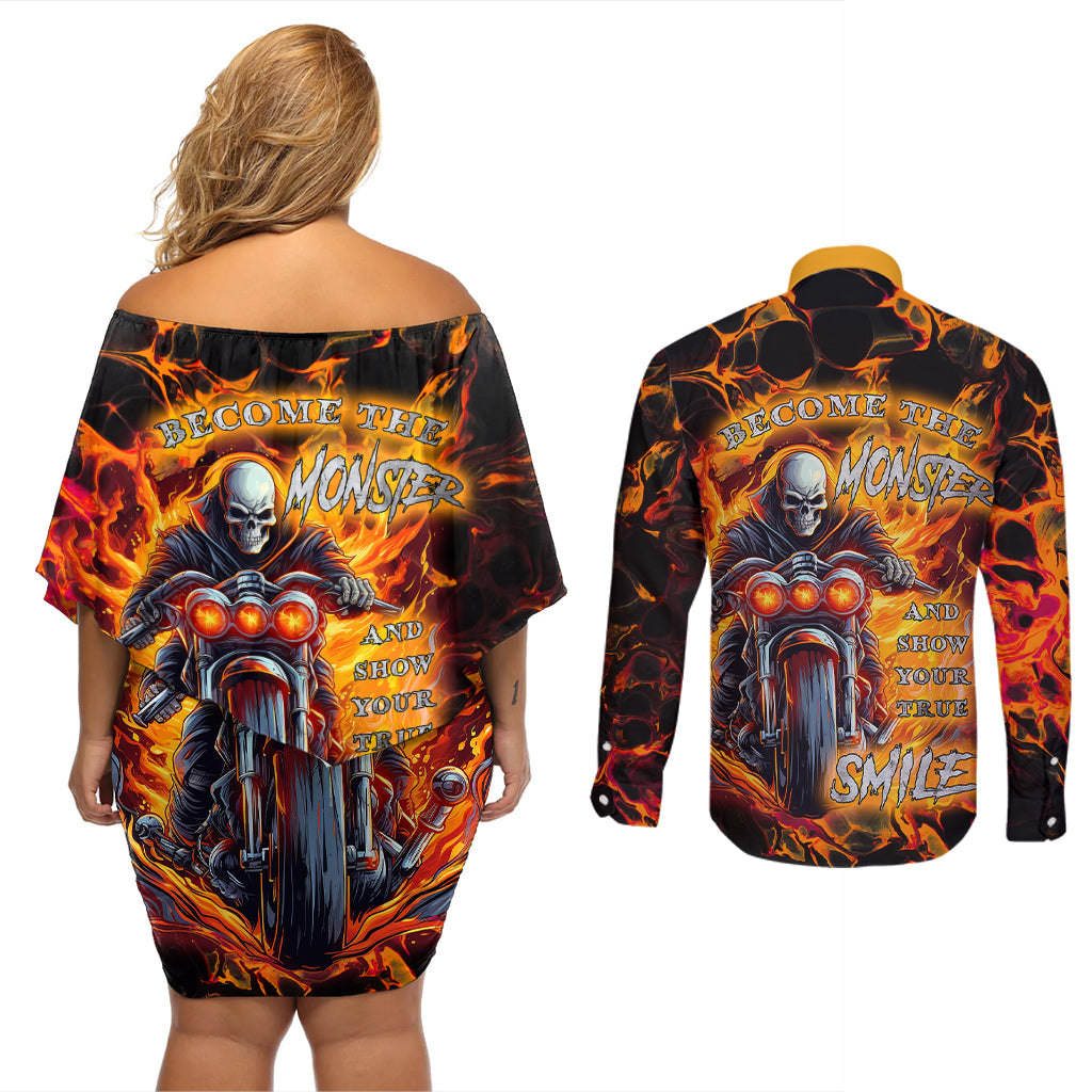 Be Come The Monster And Show Your True Smile Couples Matching Off Shoulder Short Dress and Long Sleeve Button Shirts - Wonder Print Shop