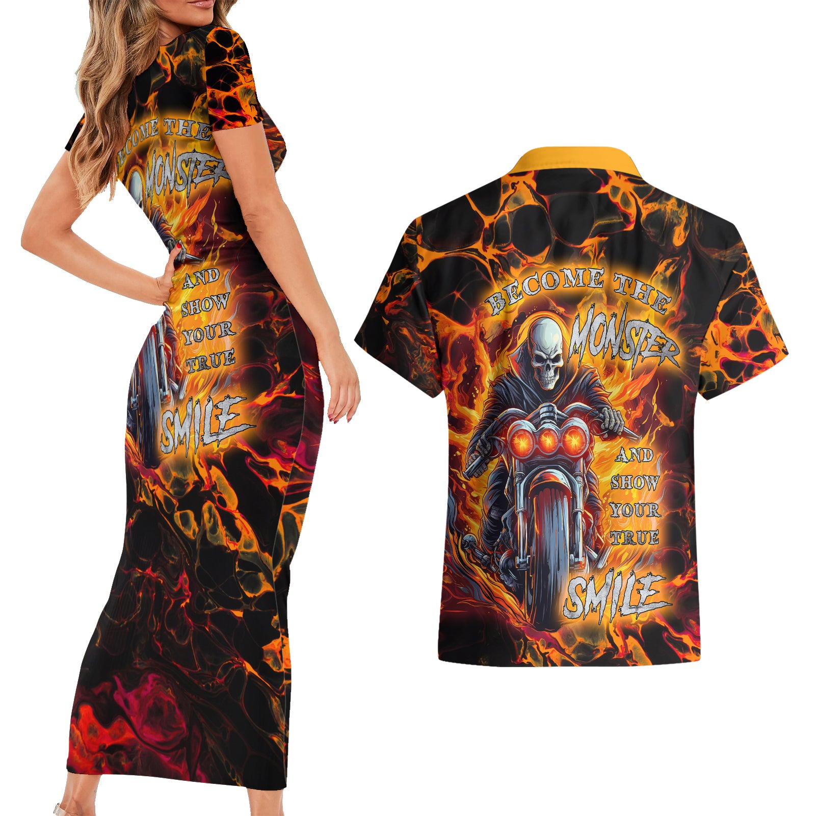 Be Come The Monster And Show Your True Smile Couples Matching Short Sleeve Bodycon Dress and Hawaiian Shirt - Wonder Print Shop