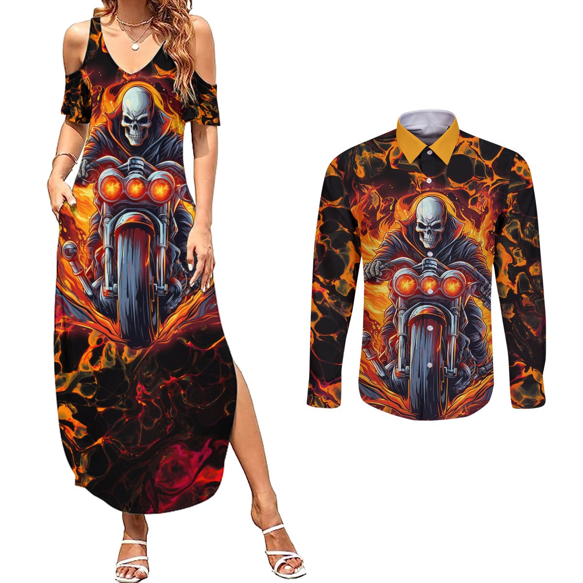 Be Come The Monster And Show Your True Smile Couples Matching Summer Maxi Dress and Long Sleeve Button Shirts - Wonder Print Shop