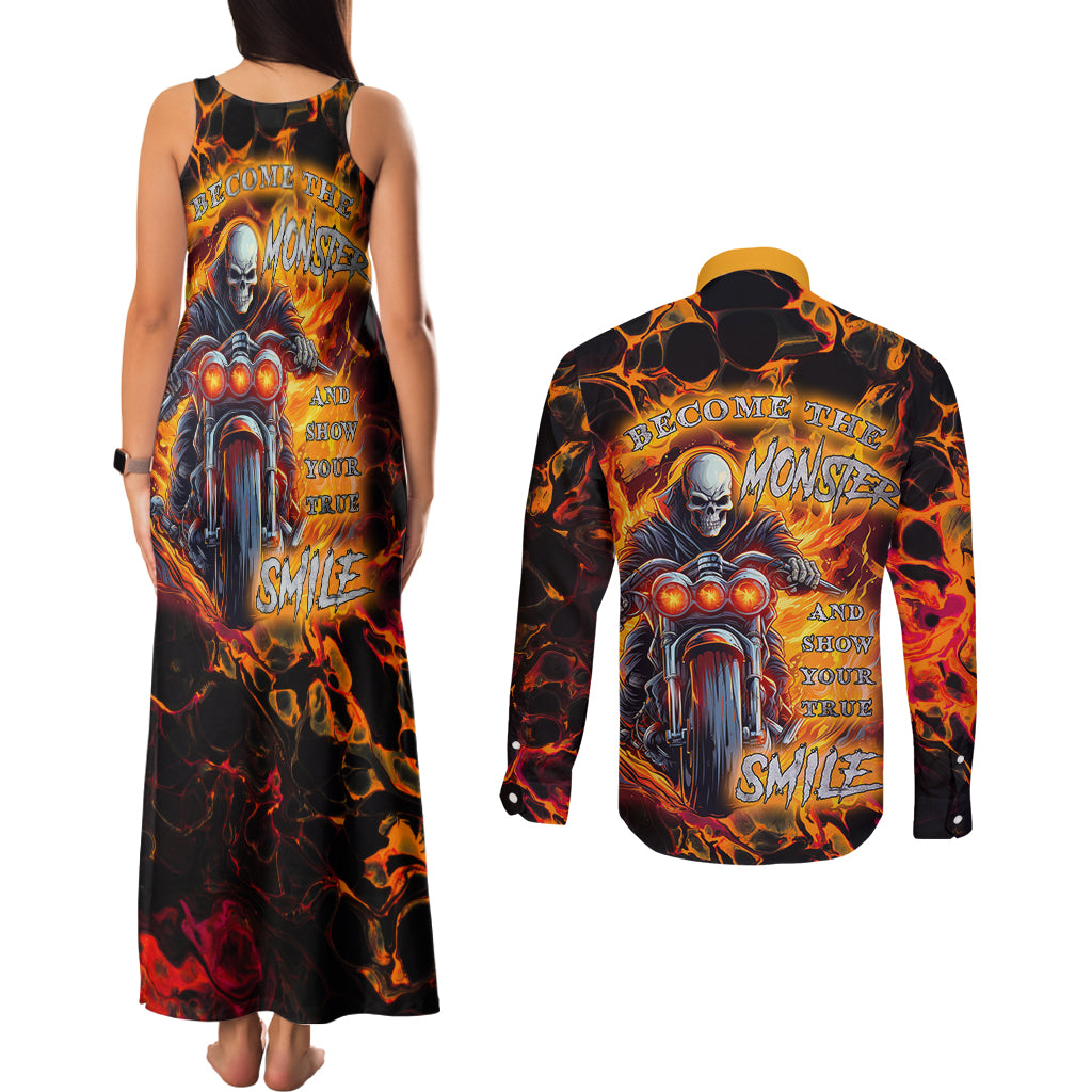 Be Come The Monster And Show Your True Smile Couples Matching Tank Maxi Dress and Long Sleeve Button Shirts - Wonder Print Shop