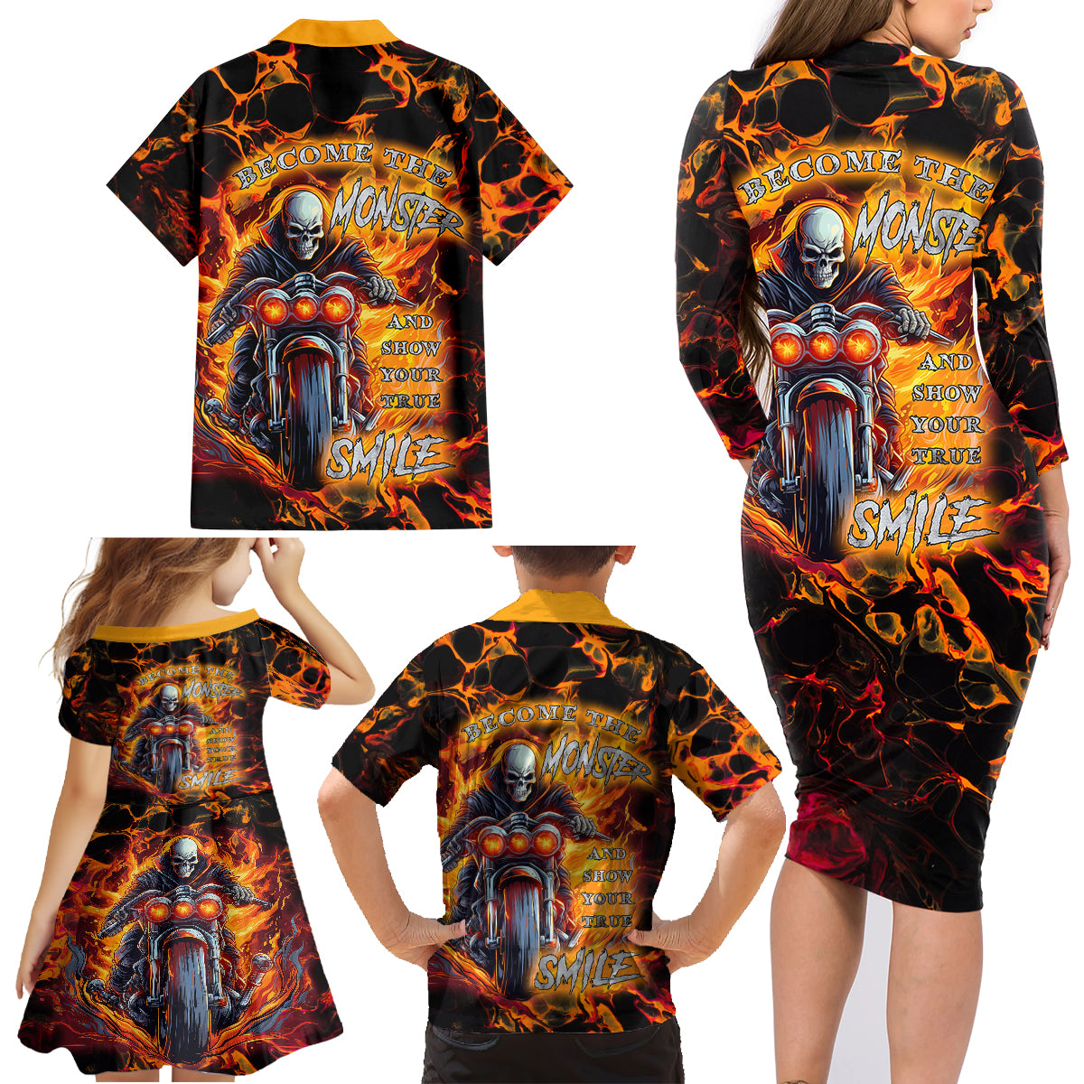 Be Come The Monster And Show Your True Smile Family Matching Long Sleeve Bodycon Dress and Hawaiian Shirt - Wonder Print Shop