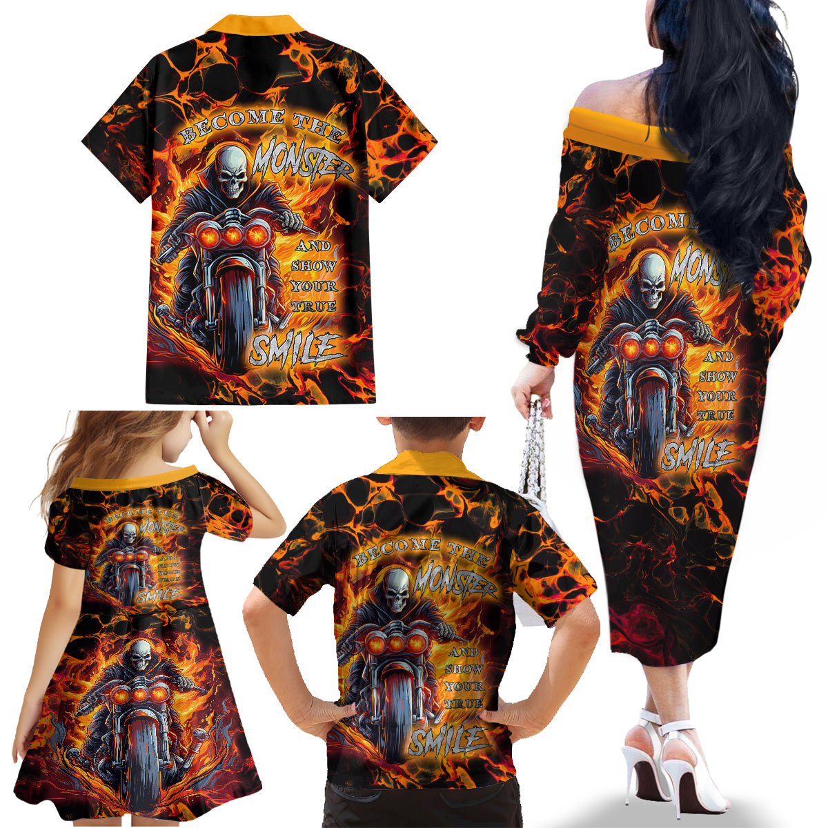 Be Come The Monster And Show Your True Smile Family Matching Off Shoulder Long Sleeve Dress and Hawaiian Shirt - Wonder Print Shop