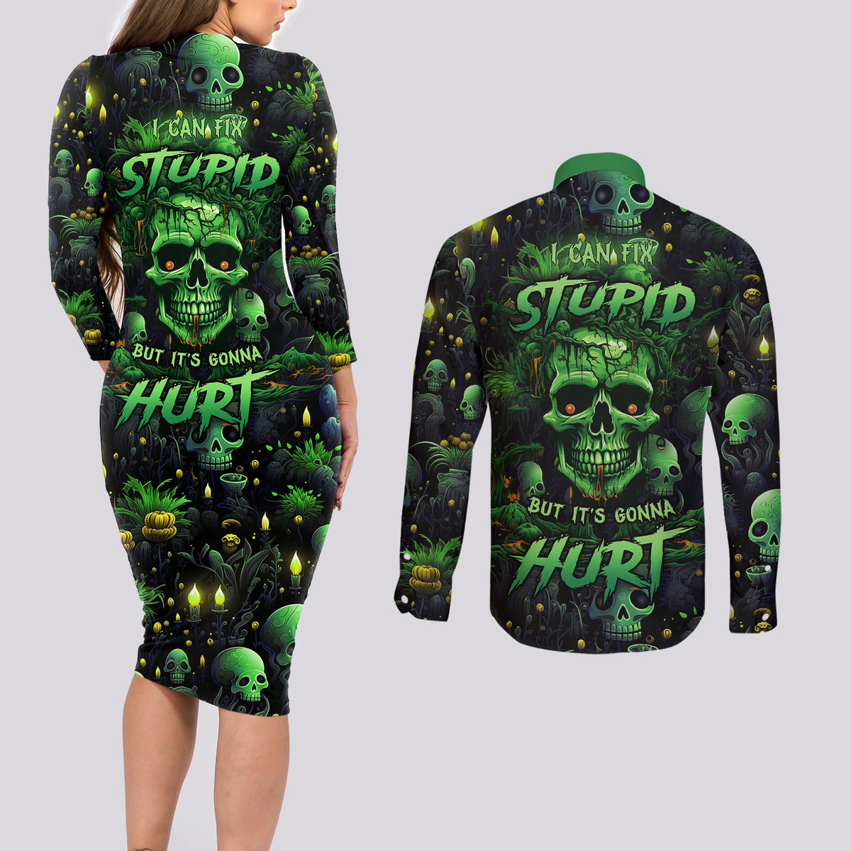 I Can Fix Stupid But Is Gonna Hurt Couples Matching Long Sleeve Bodycon Dress and Long Sleeve Button Shirts - Wonder Print Shop
