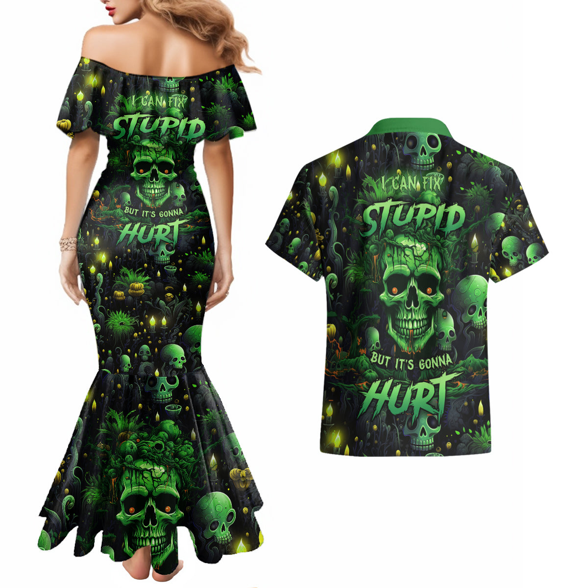 I Can Fix Stupid But Is Gonna Hurt Couples Matching Mermaid Dress and Hawaiian Shirt - Wonder Print Shop